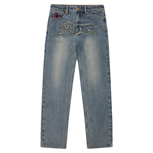 Womens Distressed Running Dog Denim Pants